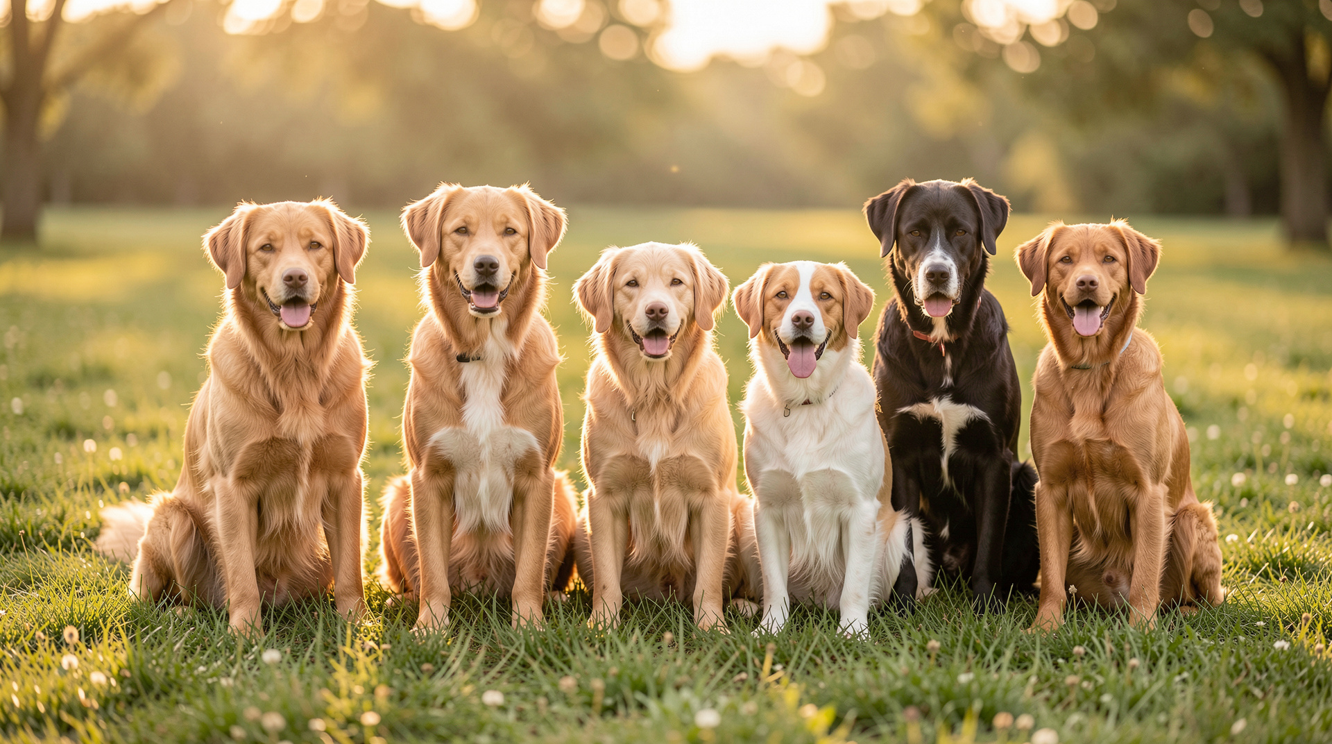 Group of diverse dogs sitting in grass