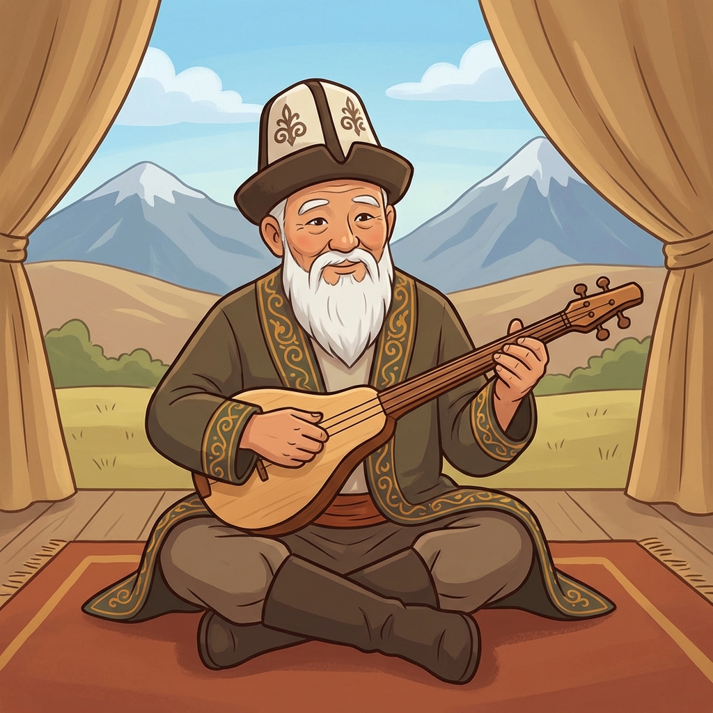 An old wise kyrgyz man playing a komuz instrument, wearing traditional kyrgyz clothing, kalpak hat, peaceful expression, illustration suitable for children