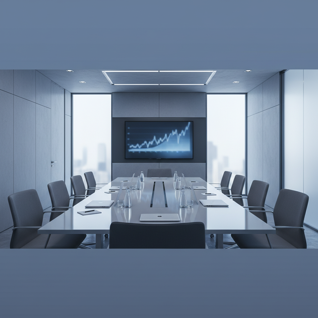 Professional corporate boardroom, modern minimal aesthetic, serious business atmosphere, blue and grey tones, high quality photography