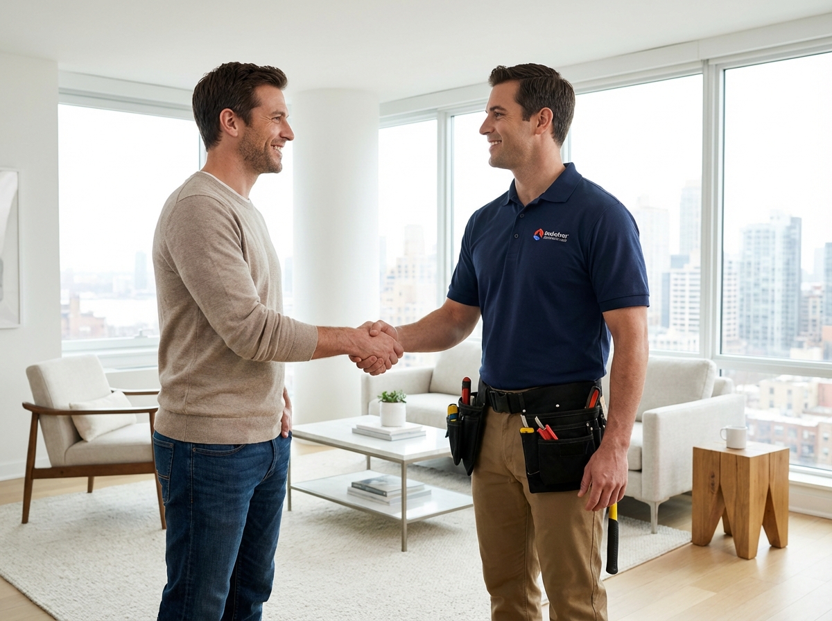 happy customer shaking hands with a repairman in uniform, bright modern apartment, high quality photo style