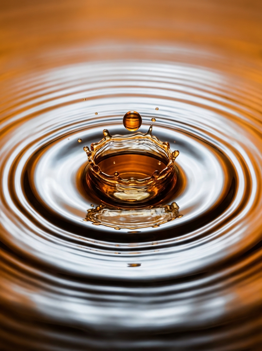 Macro shot of a single drop of essential oil hitting a water surface, creating perfect concentric ripples. High contrast, sharp details, amber and silver tones.