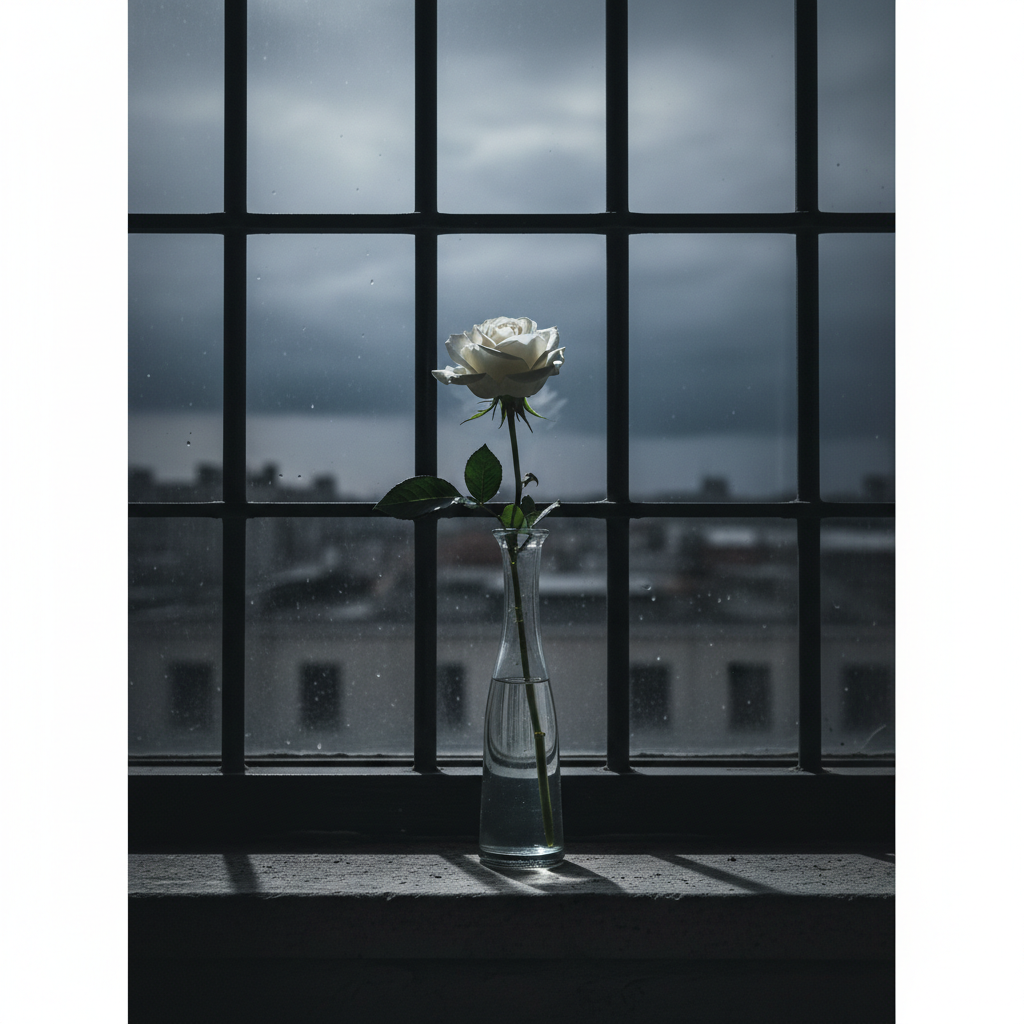 A single white flower in a vase on a window sill with prison bars outside, cinematic lighting, moody atmosphere