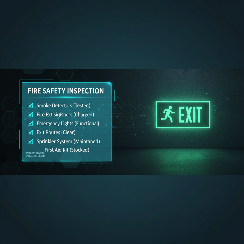 Fire safety inspection checklist and green exit sign concept