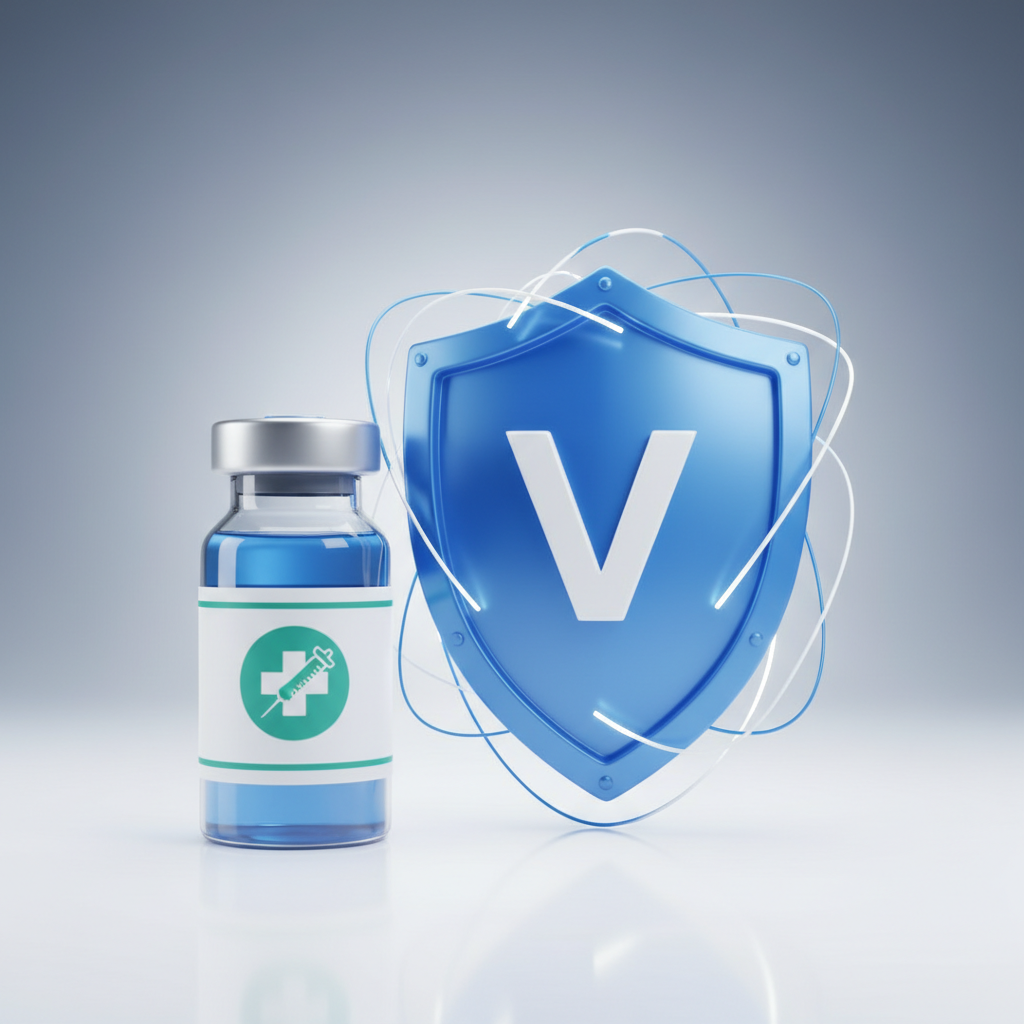 medical vaccination vial and shield icon, 3d render