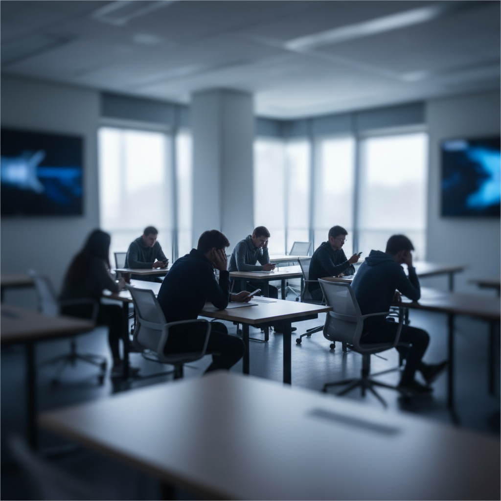 blurred image of a modern classroom, students looking bored or distracted, high quality photography, professional tone