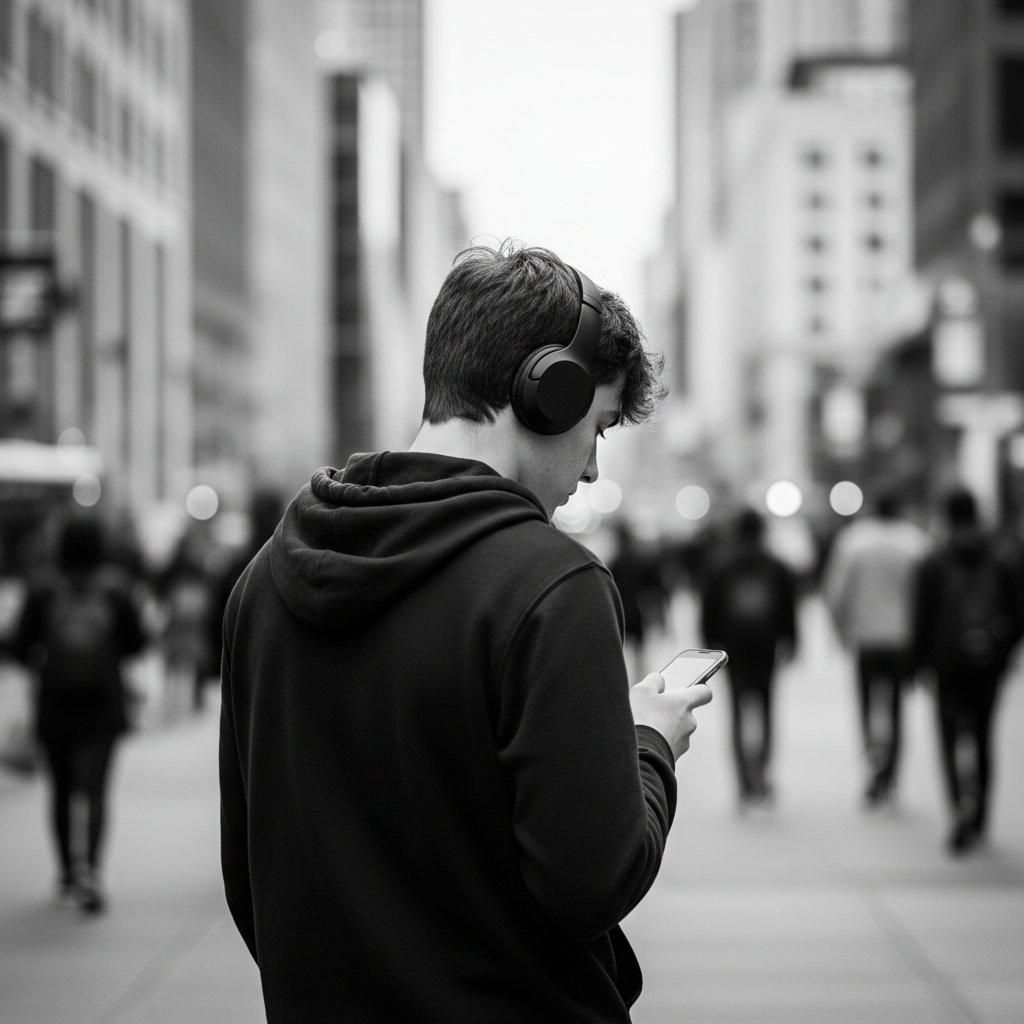 Black and white street photography, rear view of a young person walking in a city wearing large headphones and looking at phone, blurred background, depth of field, minimalist