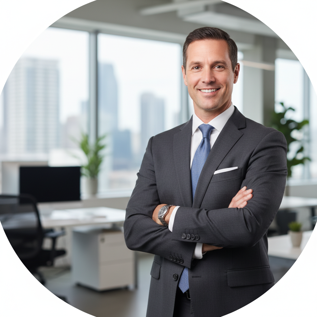 Professional portrait of a friendly confident salesman in a suit, modern office background, bokeh effect