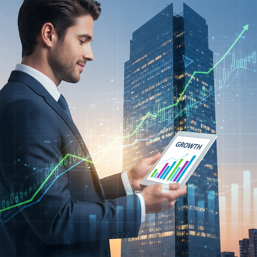 Professional looking at data on a tablet with graphs in the background overlay, success, business growth