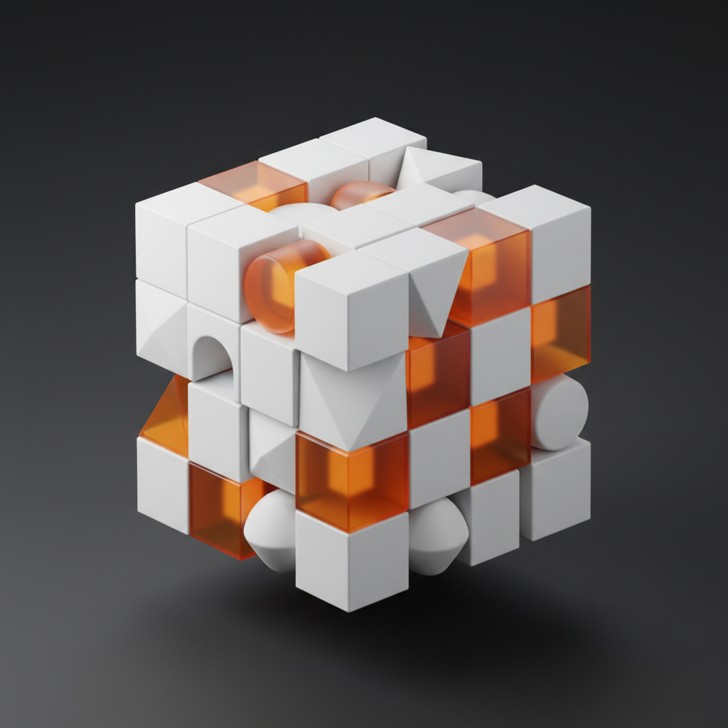 Abstract 3D building blocks fitting together perfectly, white and orange blocks on dark background, architectural metaphor