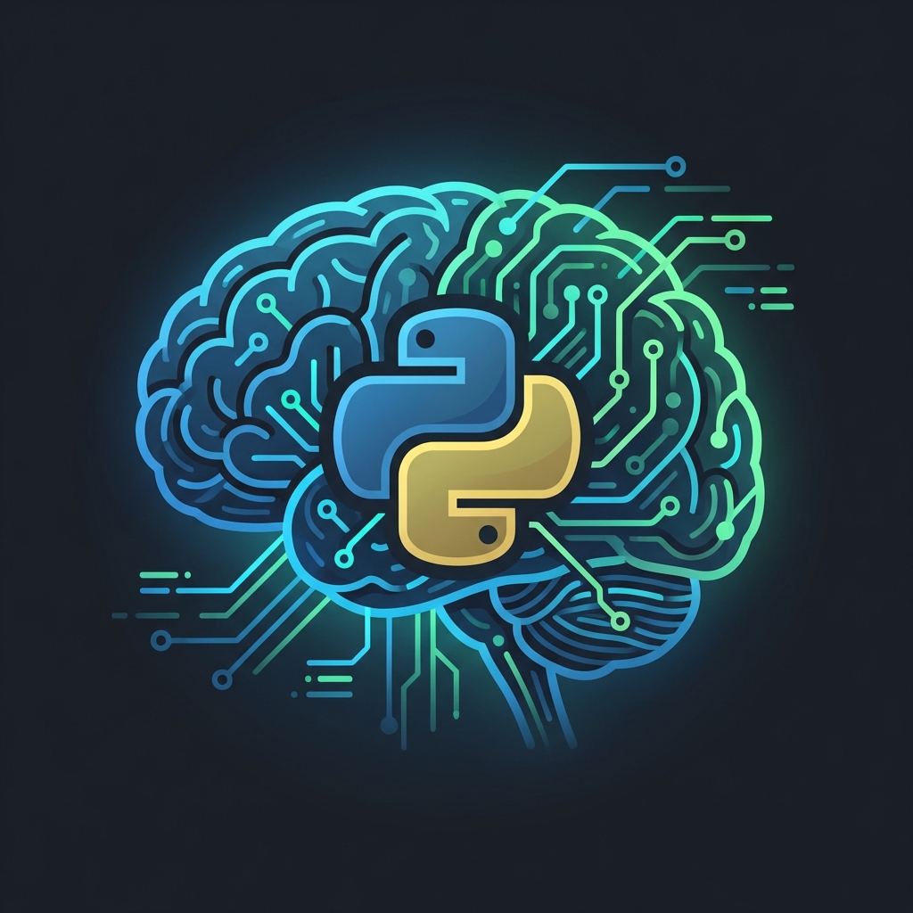 Illustration of a human brain merged with digital circuit paths and a python snake logo, symbolizing coding logic, minimal vector style, dark background
