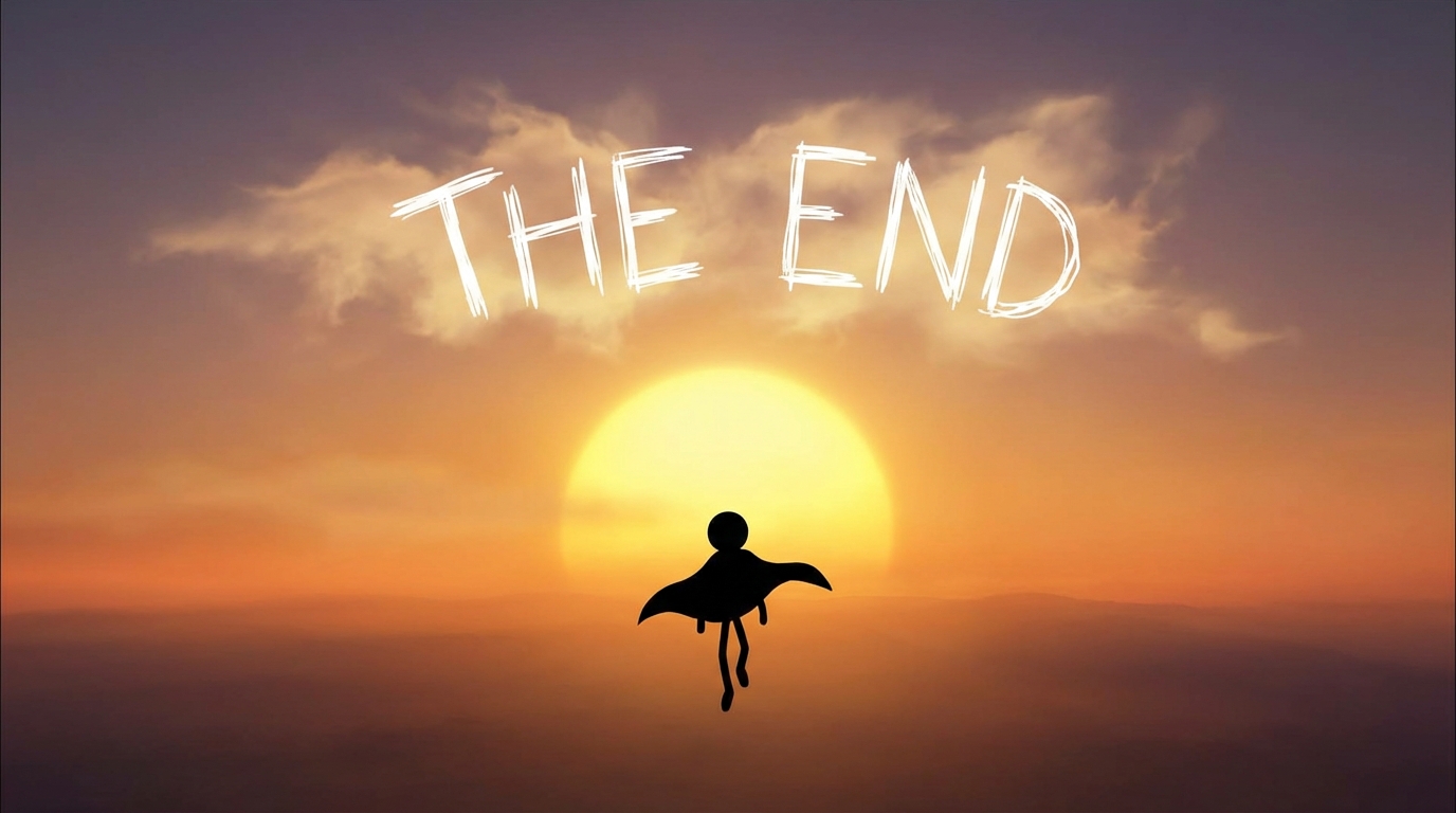 View from behind the stickman as he flies away into a sunset. Silhouette of the hero against a large yellow sun. 'THE END' written in the clouds crudely.