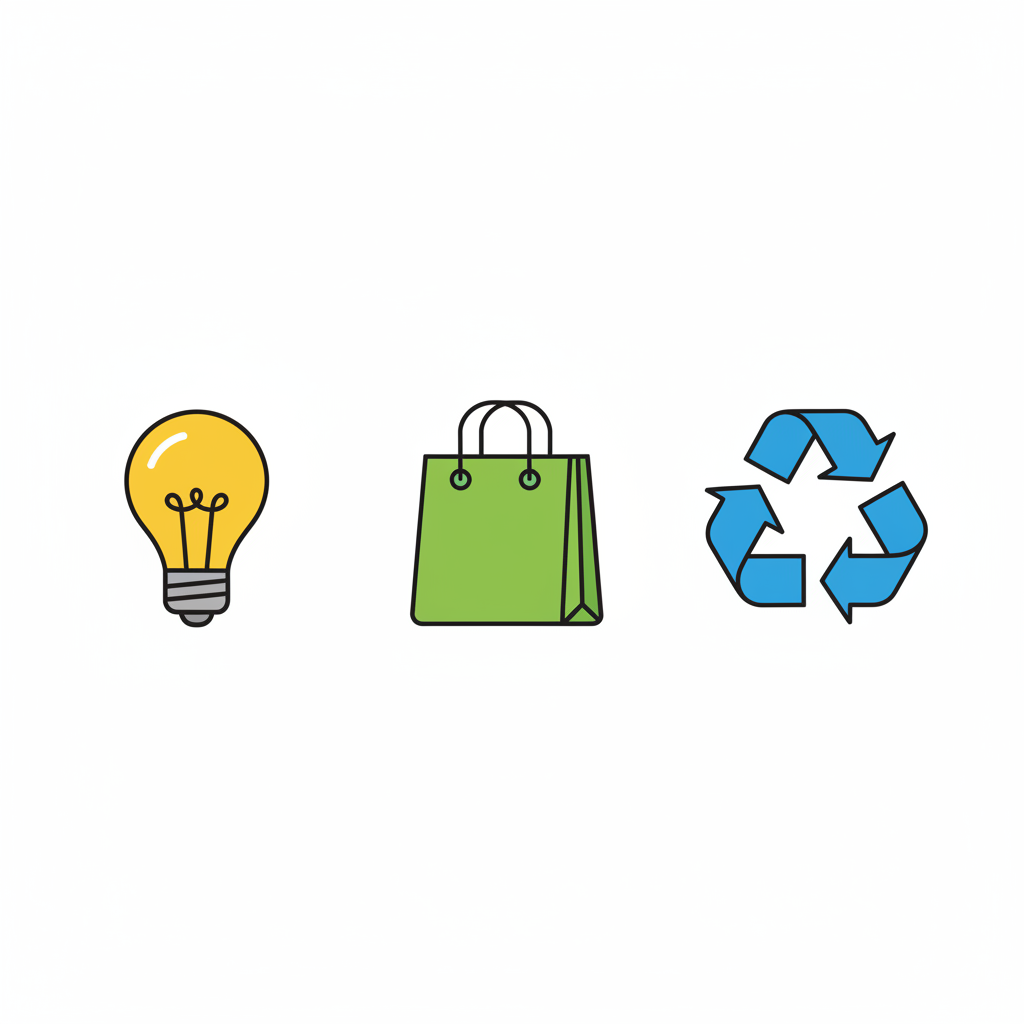 Three simple cartoon icons arranged horizontally: a yellow lightbulb (reduce), a green shopping bag (reuse), and the blue recycling arrows symbol (recycle), white background