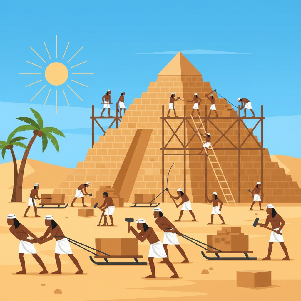 vector illustration of ancient egyptians building a pyramid in the desert, using ropes and sleds, flat style