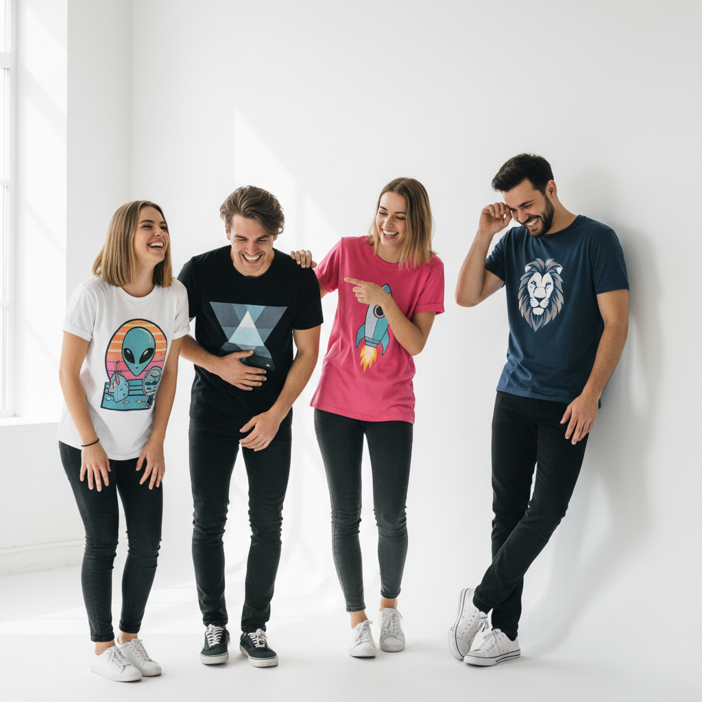 group of stylish young friends wearing graphic tees laughing in a white studio