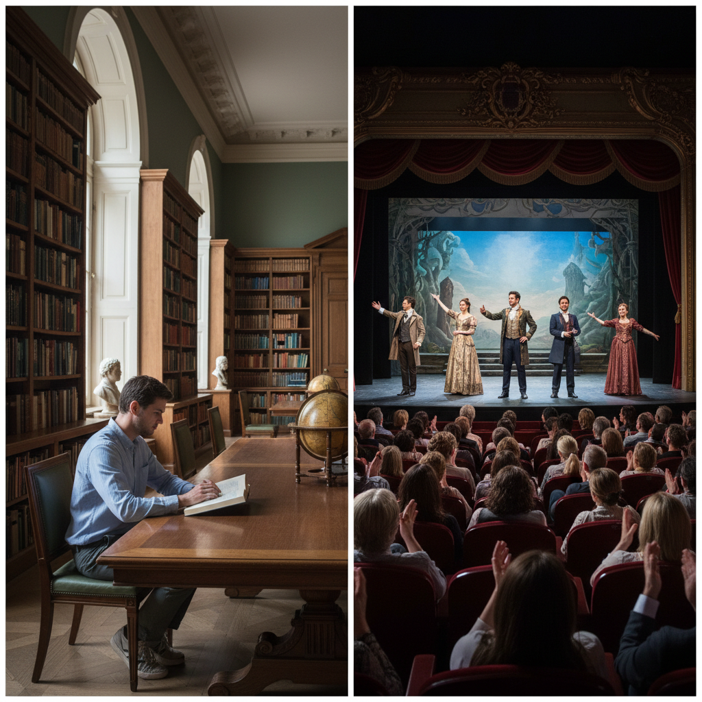 Split image composition: left side a person reading a book alone in a library, right side a stage with actors performing to an audience
