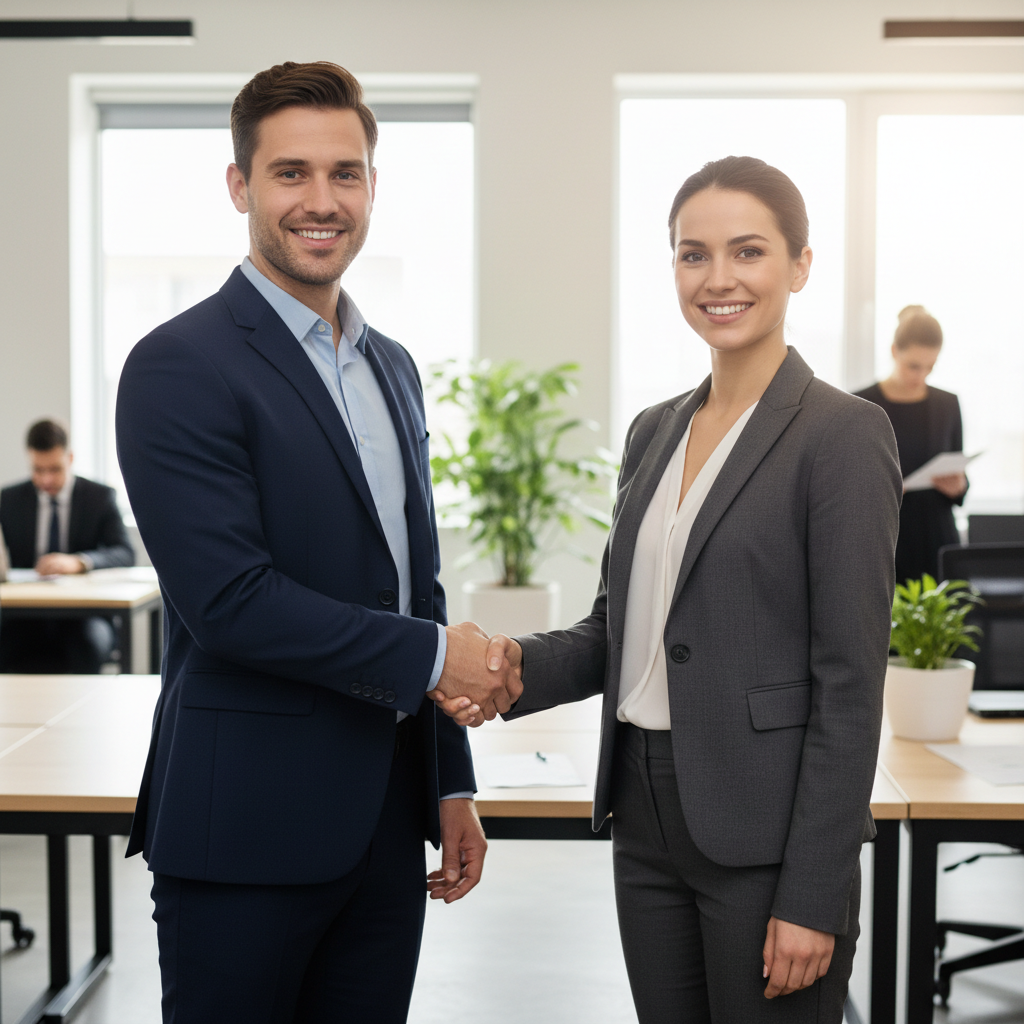 Two business professionals shaking hands and making eye contact in an office setting, friendly smiles, standing posture, realistic corporate photo