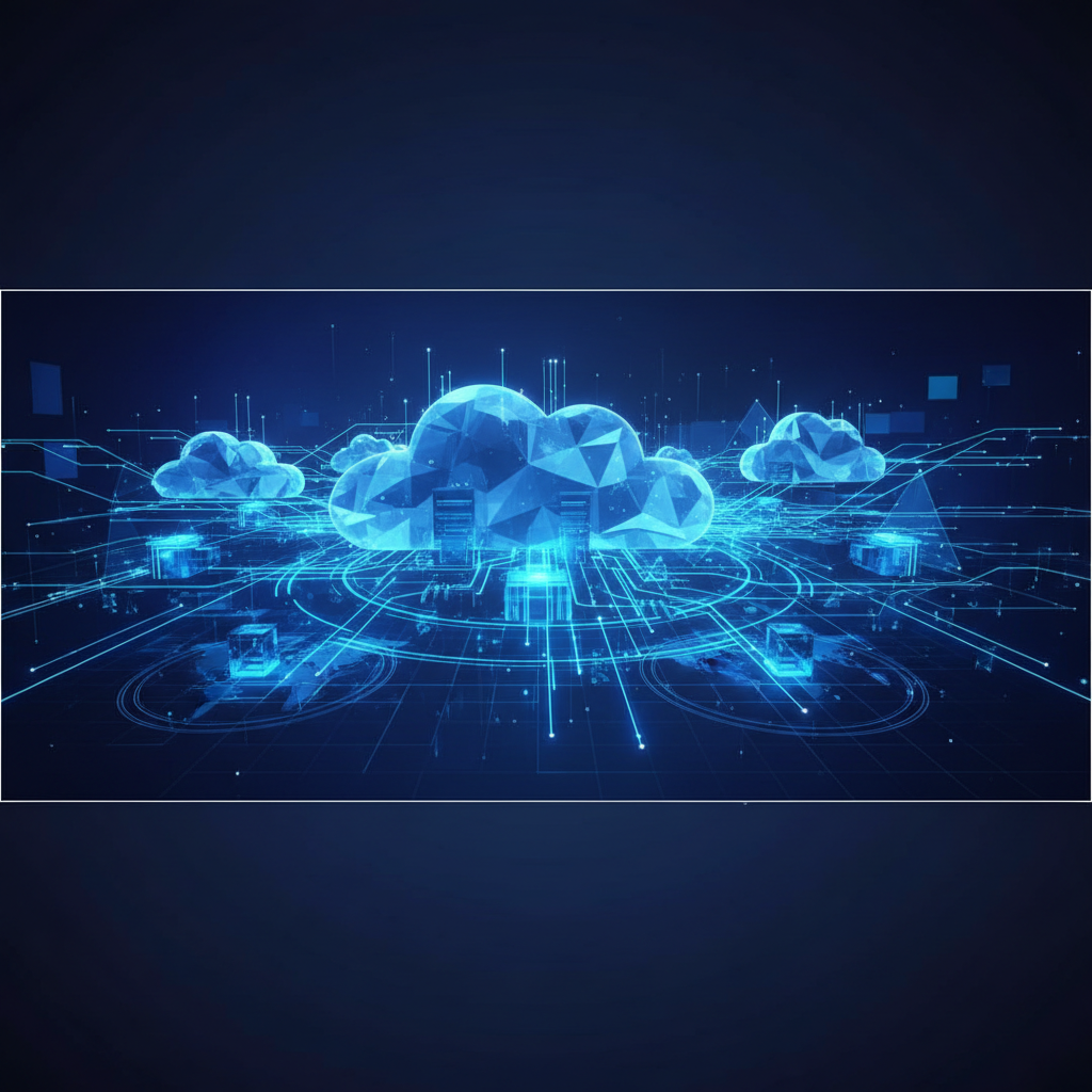futuristic abstract blue cloud computing architecture background, digital connection lines, enterprise technology style, high quality, 3d render