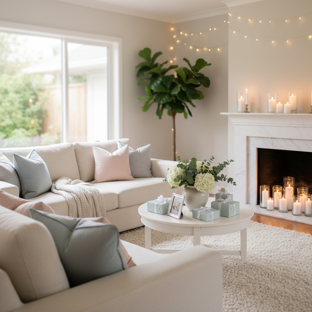 Cozy modern living room interior prepared for an intimate baby shower, candles on a minimalist mantle, soft textures, blurred background, peaceful atmosphere