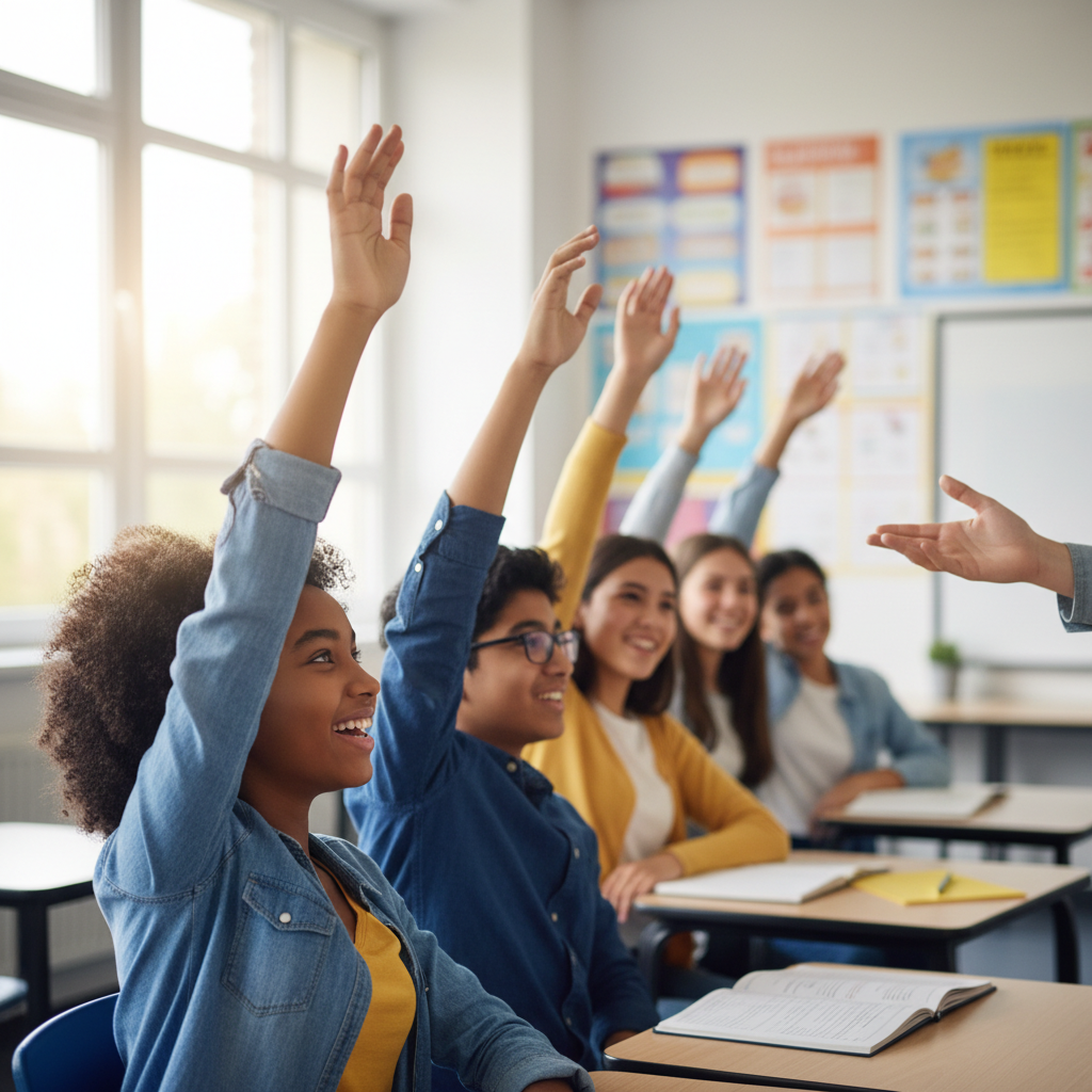 Side view of a diverse group of teenagers raising hands in a classroom, depth of field, bright and positive mood