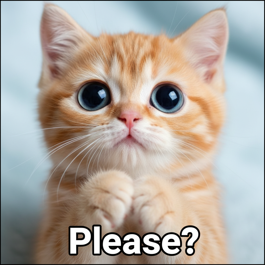 Cute cat with big eyes pleading, meme style, caption 'Please?'