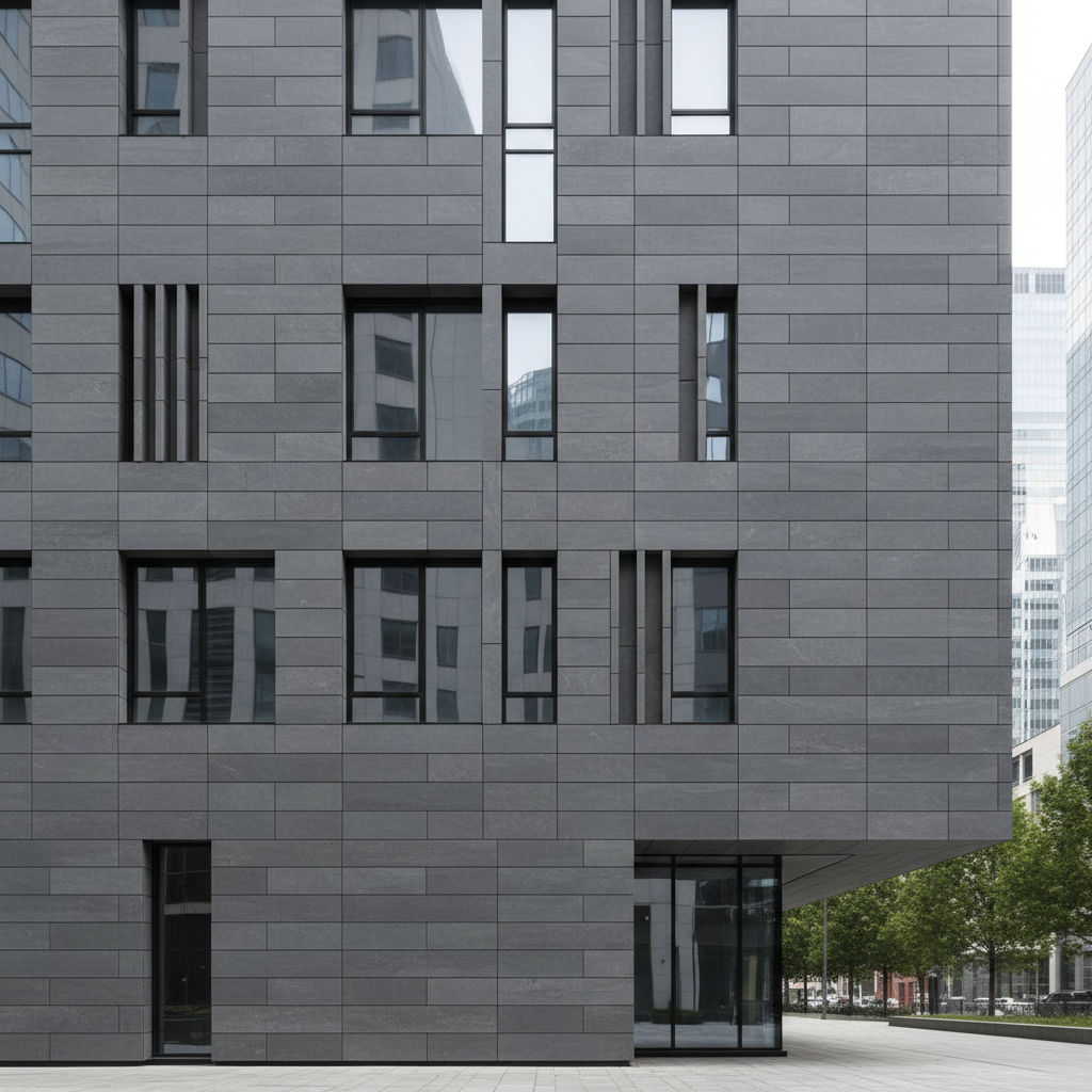 Modern building facade clad in large format grey sintered stone panels, Techlam style, architectural rendering