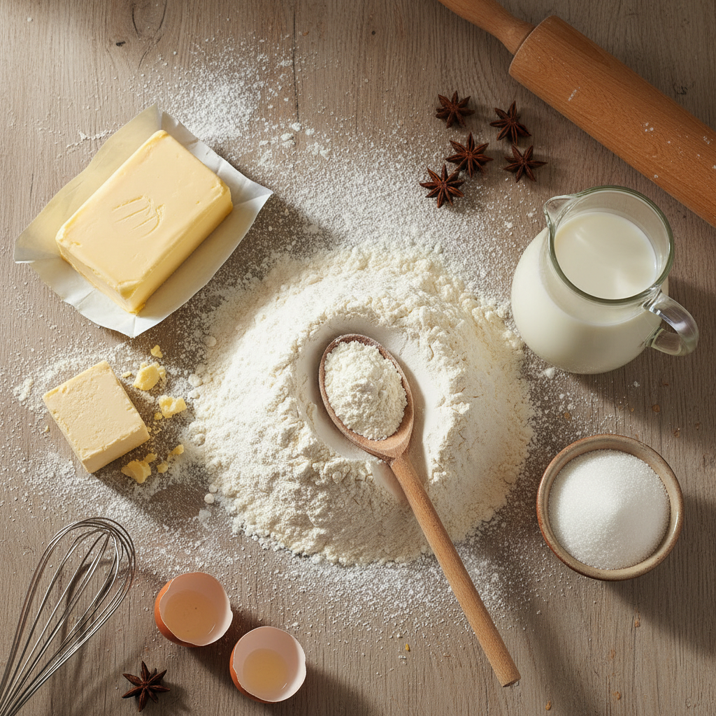 Baking ingredients arranged on a wooden table: flour, butter block, yeast, sugar, milk jug, professional photorealistic style
