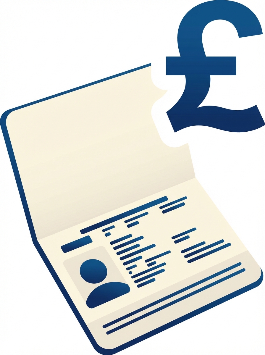 minimalist illustration of an open passport and a pound sterling sign, clean corporate style, white background