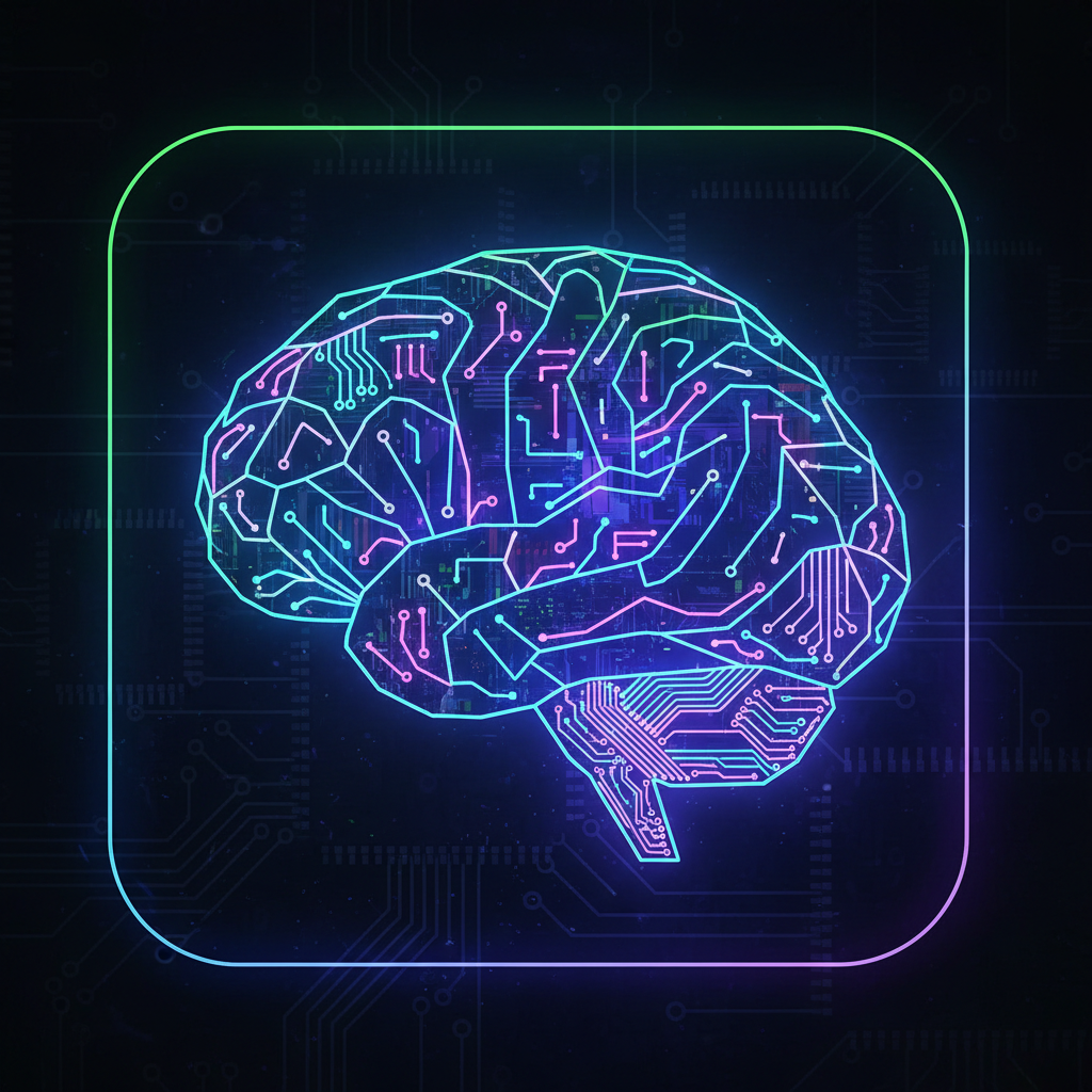 futuristic digital brain icon glowing neon lines, cyberpunk style