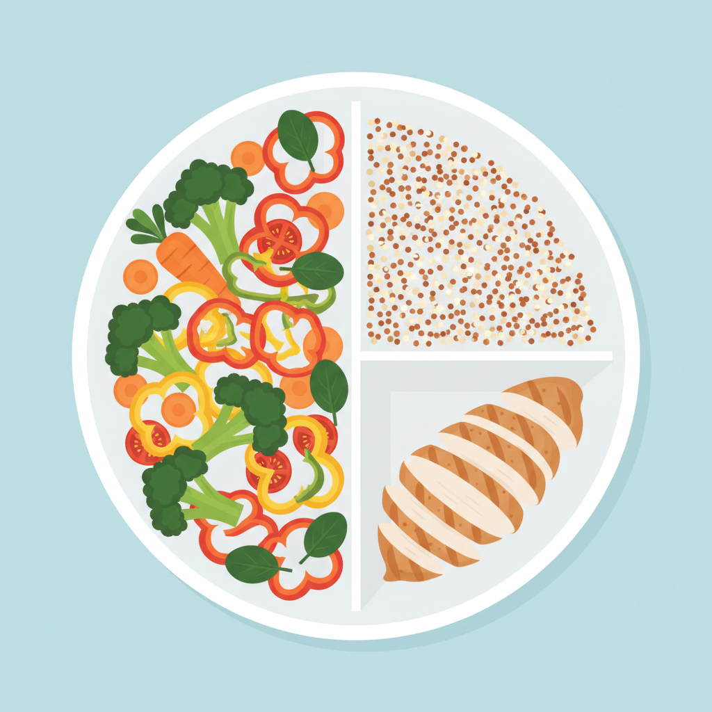 healthy balanced meal plate graphic with vegetables, lean protein and grains 50/25/25 split, flat illustration