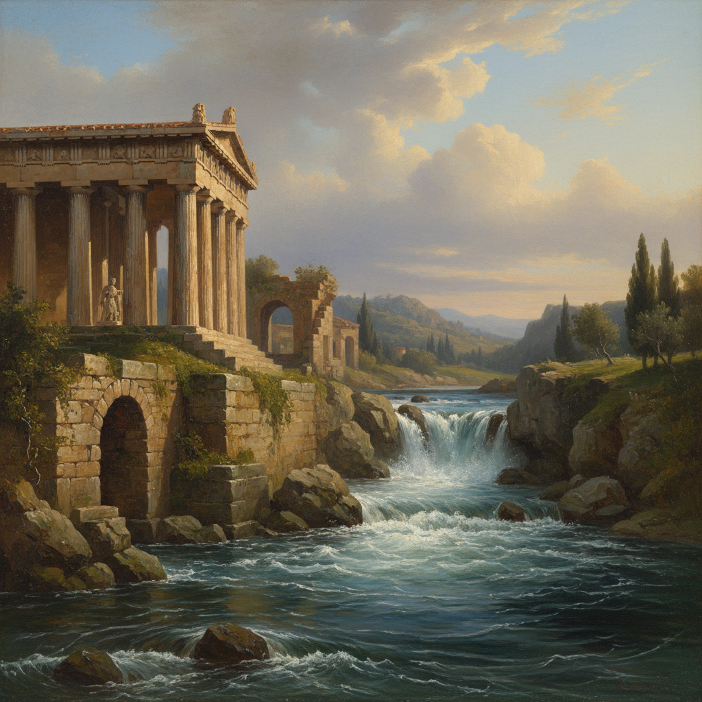 Ancient Greek stone architecture next to a rushing river classical painting style