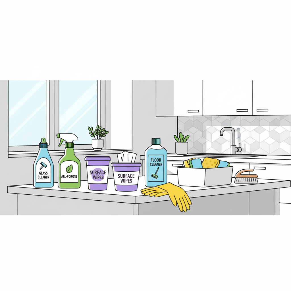 bright modern kitchen with cleaning supplies on counter, educational illustration style, clean vector art