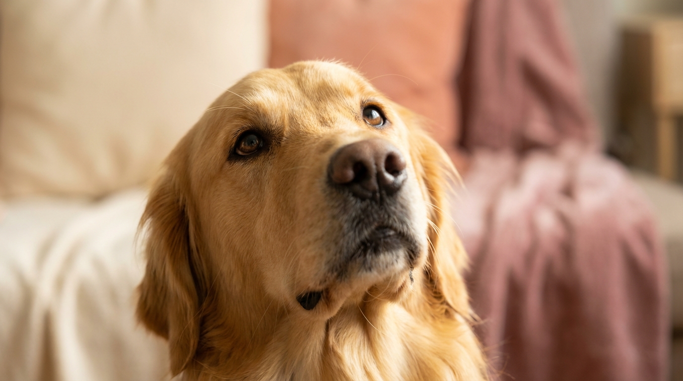 Close up of dog looking up affectionately