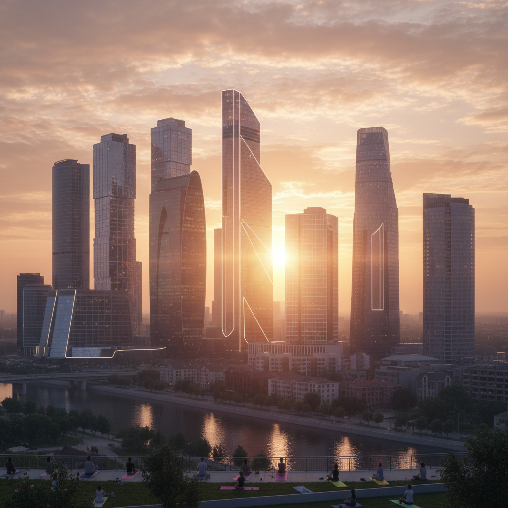 sunrise over modern city skyline, inspiring, golden hour, hopeful, success