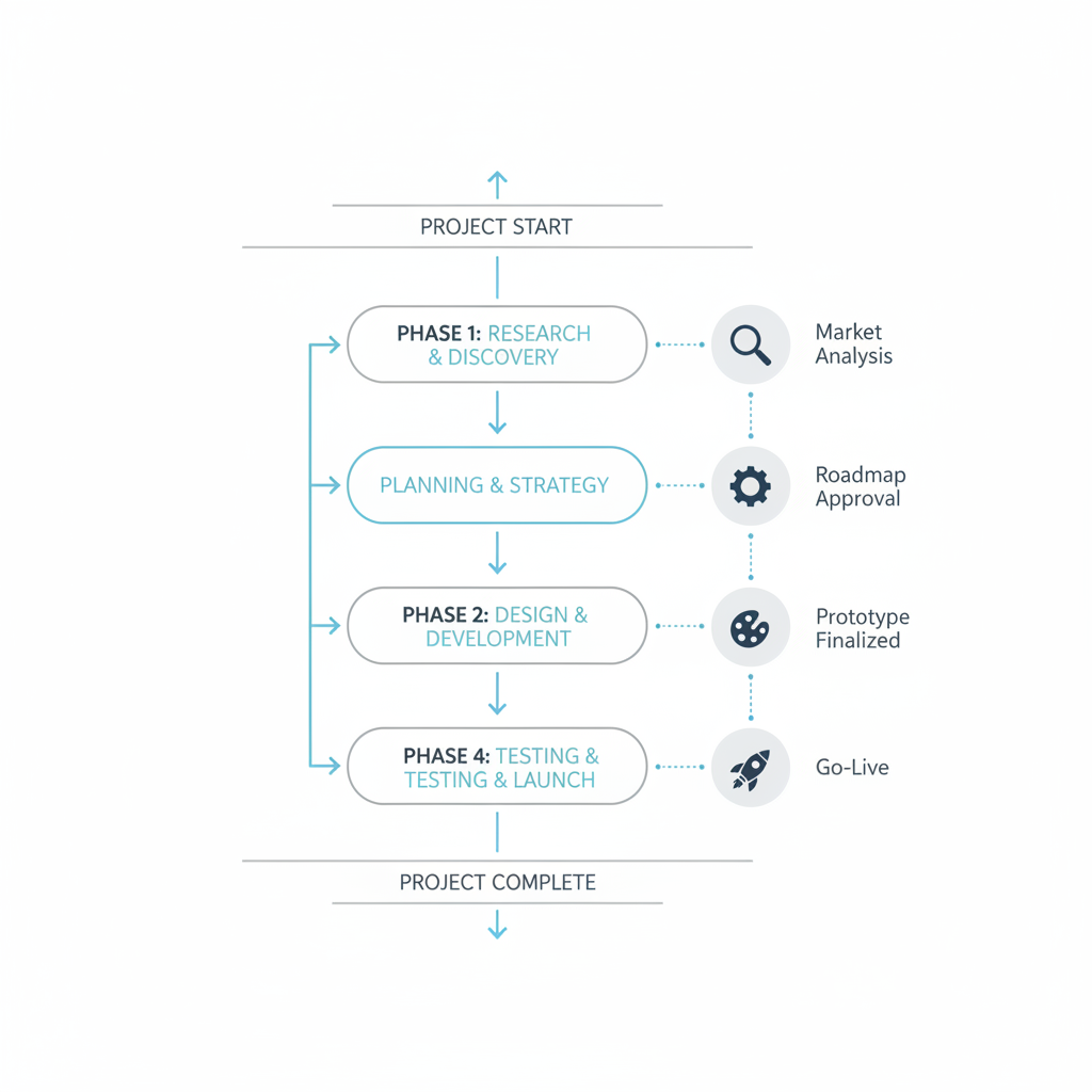 project timeline flowchart, minimal business infographic, white background