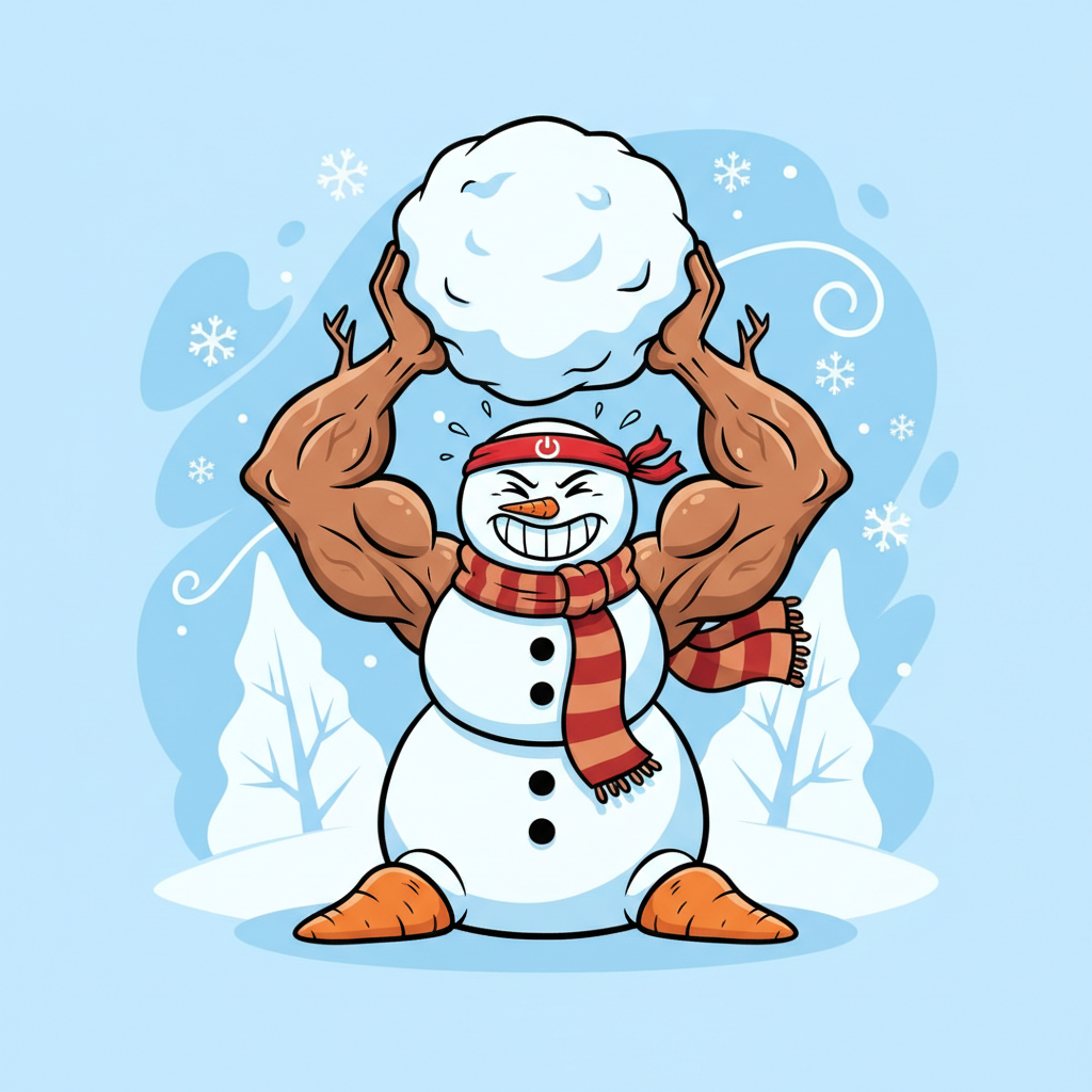 A snowman with massively muscular stick arms, lifting a heavy snowball, wearing a headband, cartoon style funny