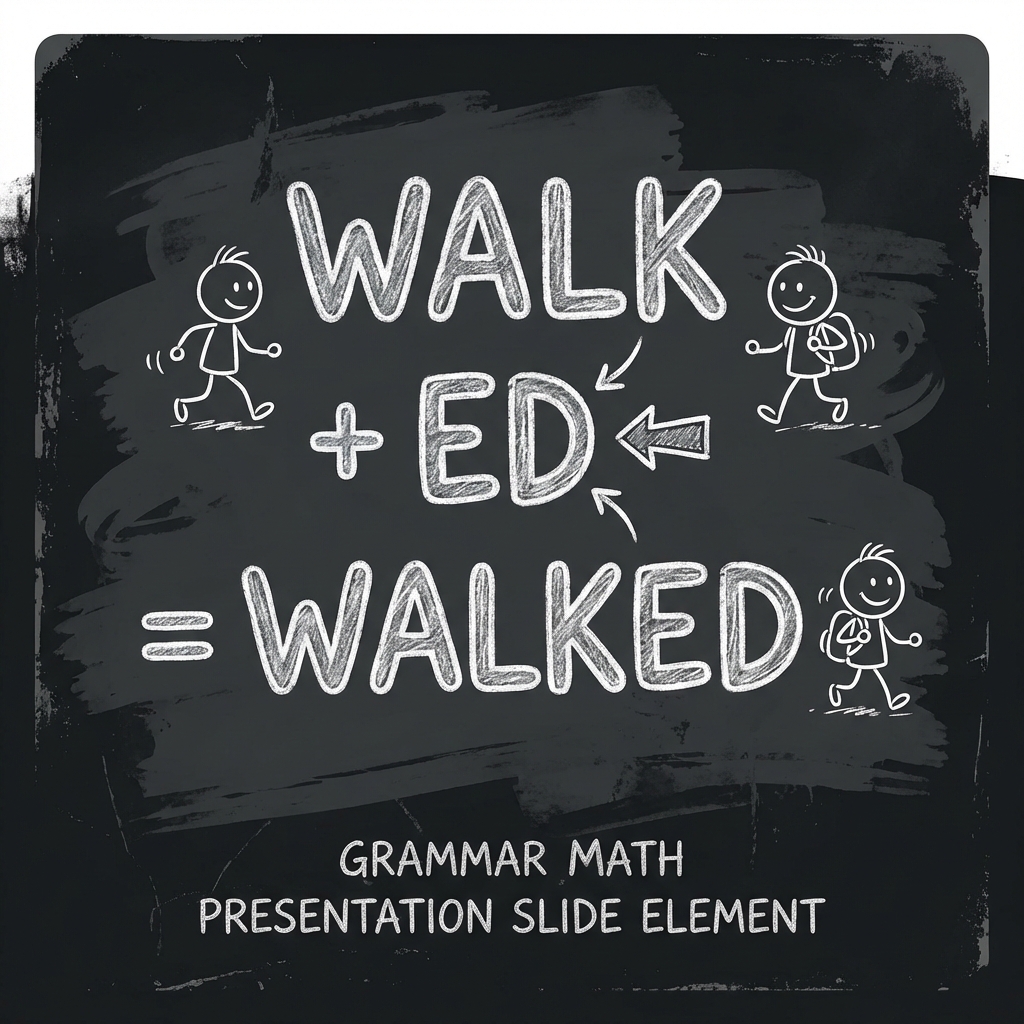 A chalkboard drawing showing the math equation: WALK + ED = WALKED, cartoon style