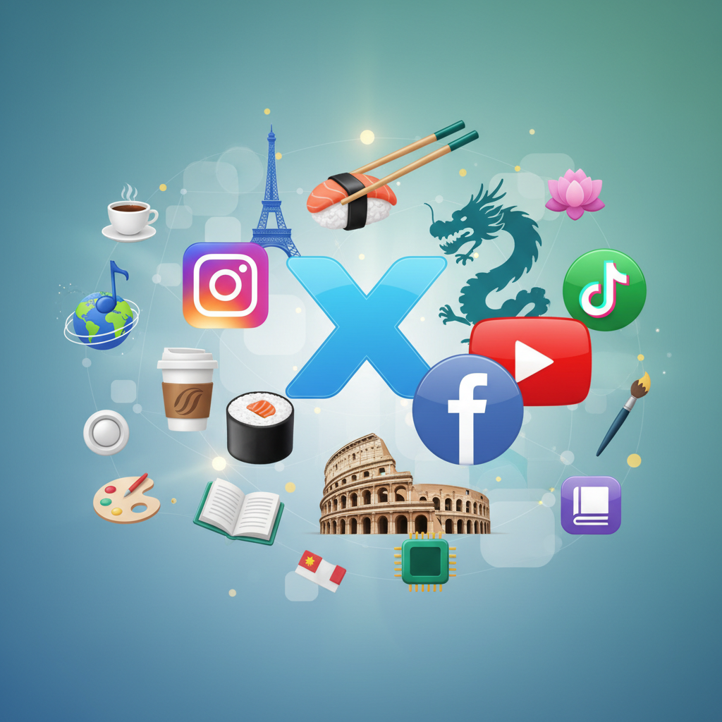 Collage of social media icons like twitter instagram and cultural symbols like eiffel tower or sushi representing soft power