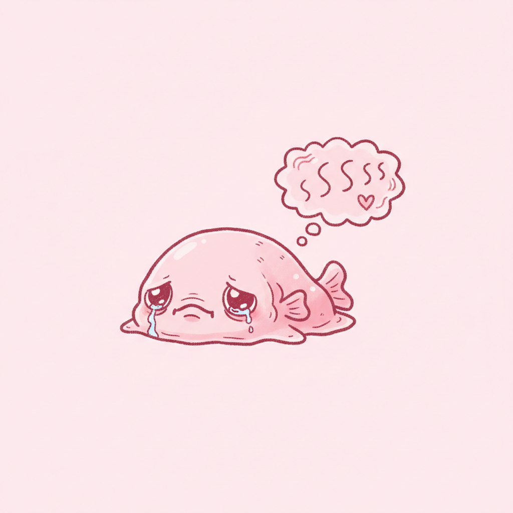 Cartoon Blobfish looking sad with a sigh bubble, doodle style pink