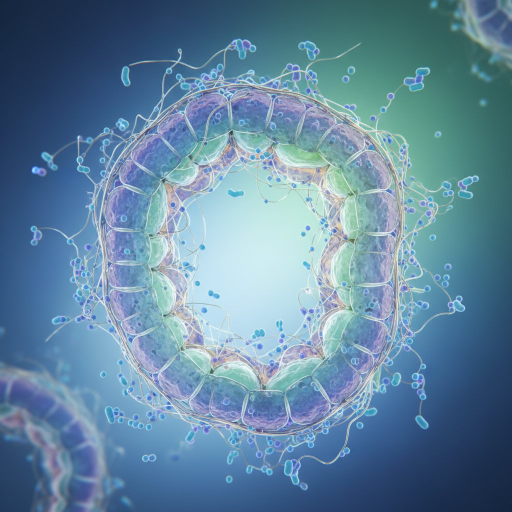 Microscopic cross-section 3D render of a lymphatic capillary showing overlapping endothelial cells forming minivalves and anchoring collagen filaments