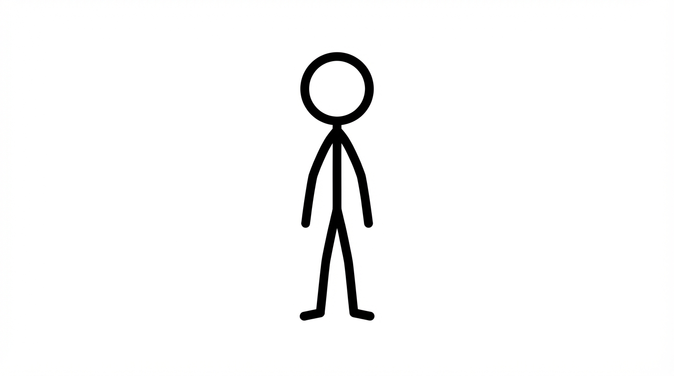 Minimalist stick figure standing in the center of a white background. No face, black lines. Cartoon style animation frame.