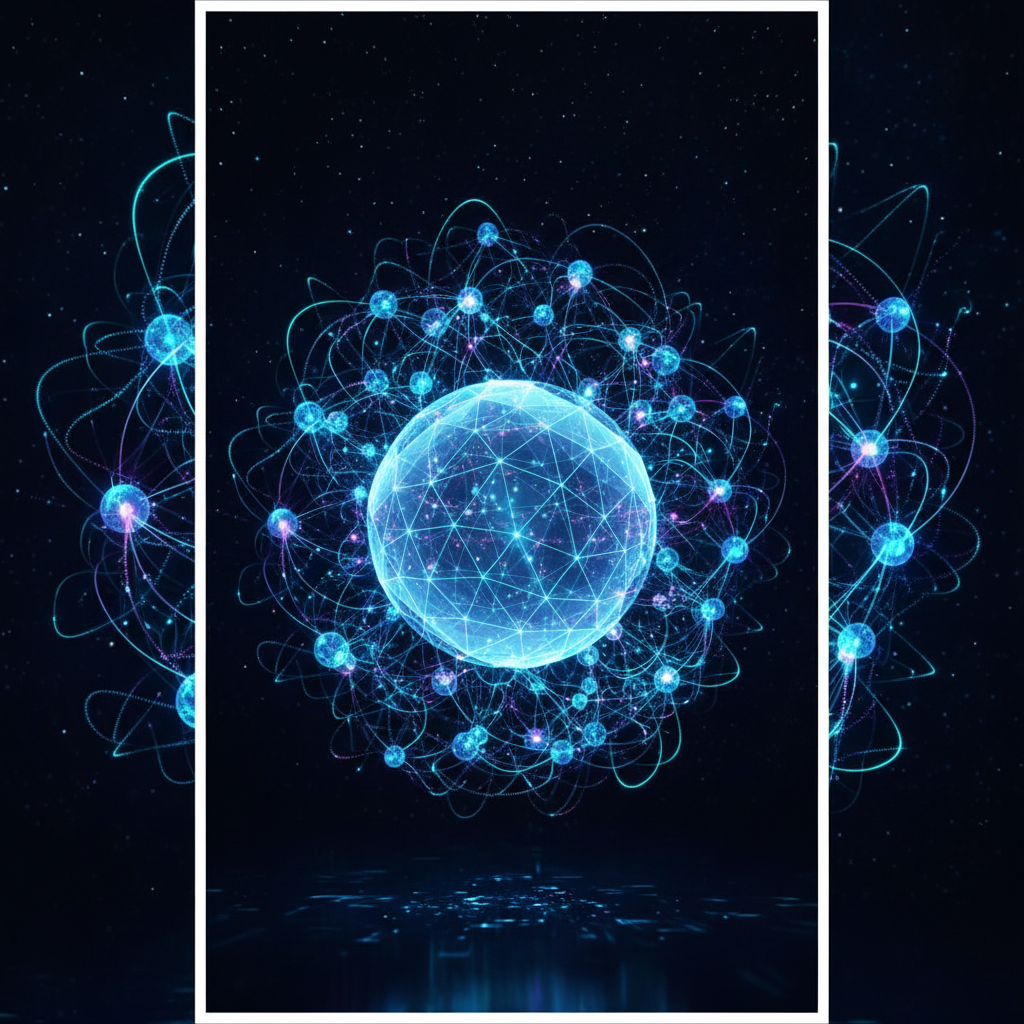 Abstract digital network visualization, data nodes connecting around a globe, blue and cyan glowing lines, high tech concept, dark background