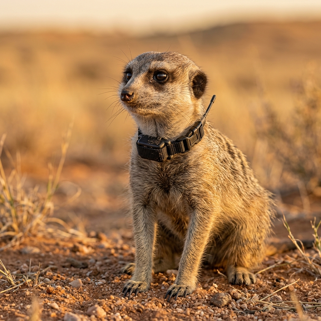 Close-up of a meerkat wearing a GPS tracking collar
