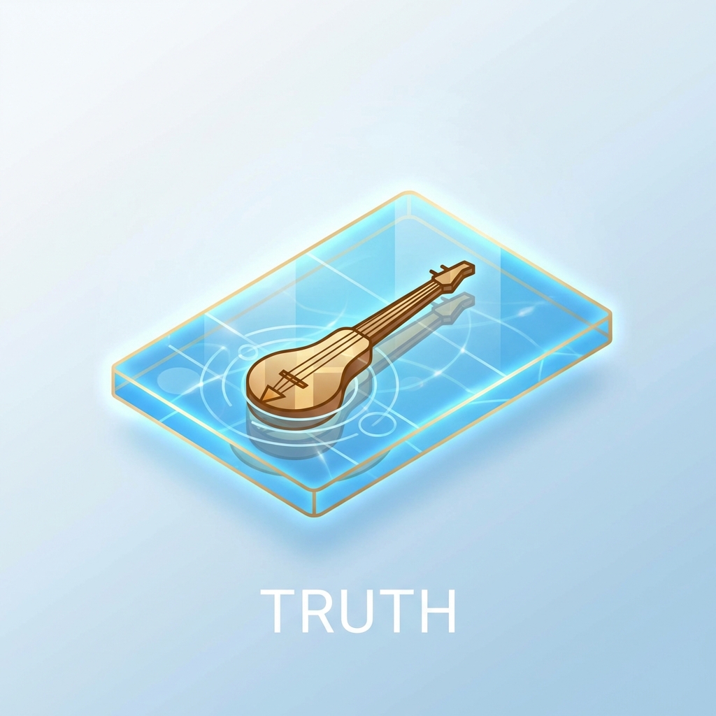 Conceptual illustration of 'Truth' represented by a glowing mirror or clear water reflecting a komuz, simple geometric vector style