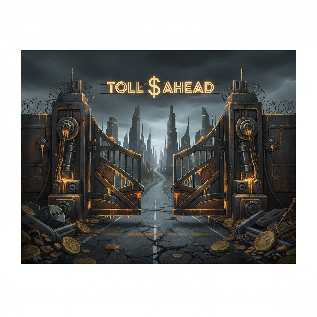 Conceptual illustration of an expensive, heavy, metallic gate blocking a road, symbolizing infrastructure barriers and high costs. Dark, serious tones.