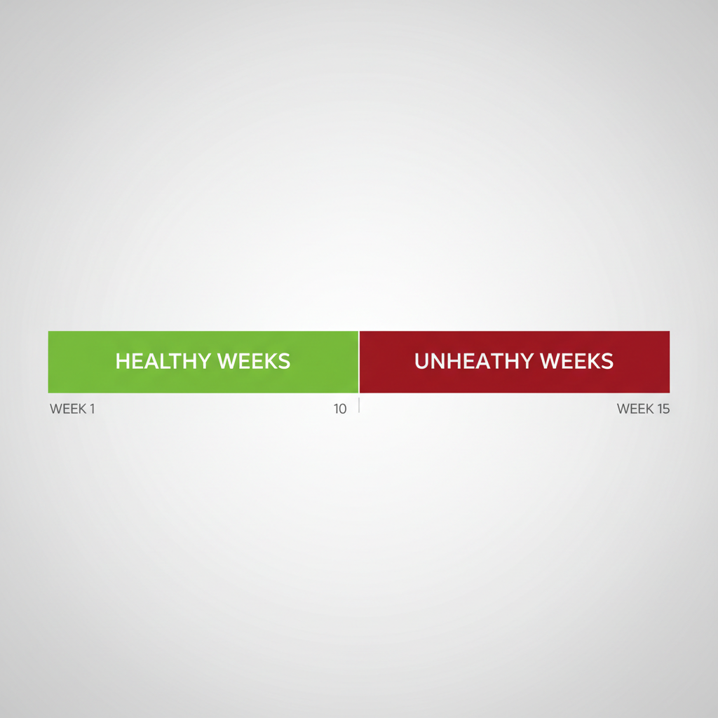Minimalist graphic showing a timeline divided into two colored sections: green for healthy weeks and red for unhealthy weeks, clean design