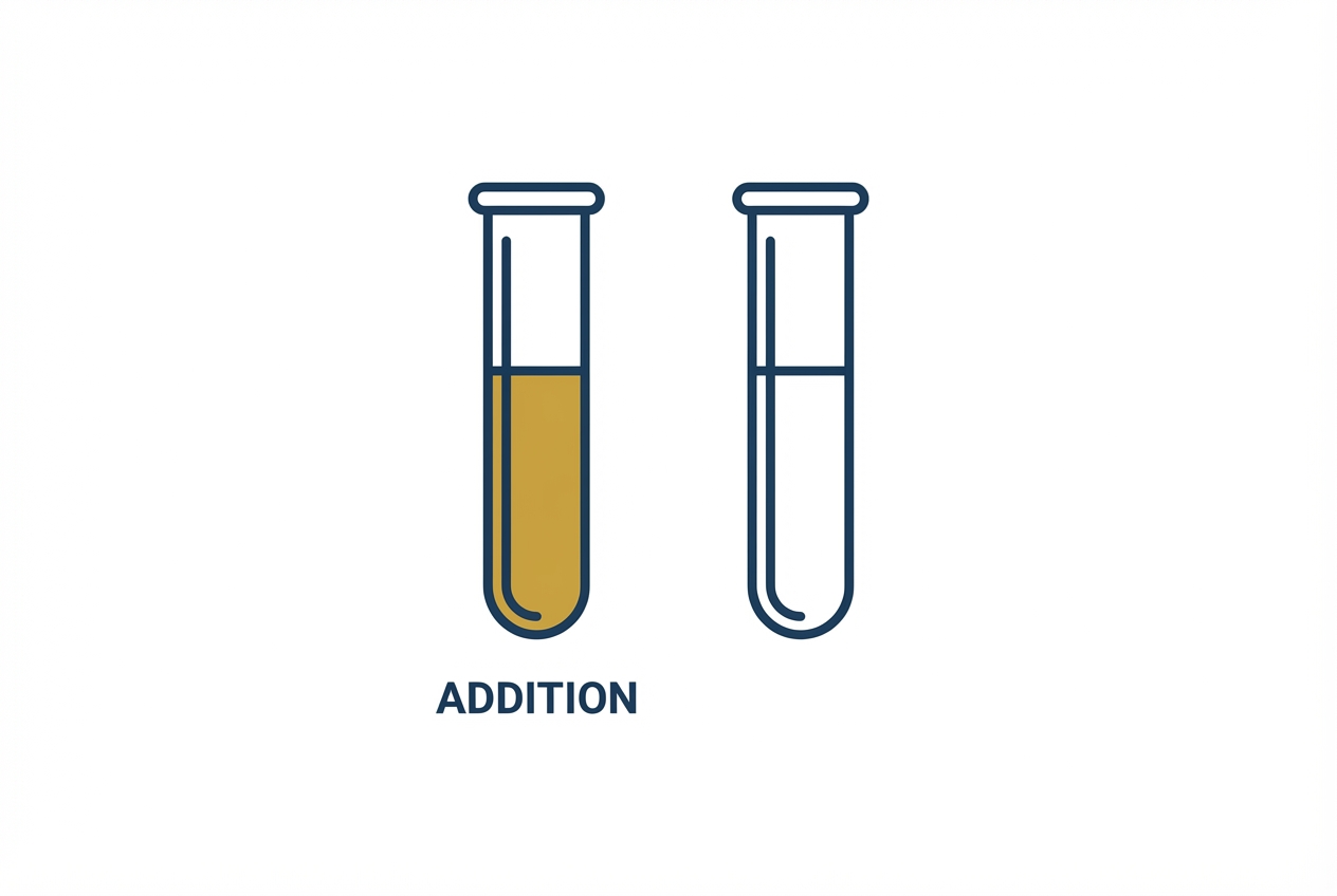 Two test tubes illustration. One yellow/brown (Iodine present), one clear (Reaction happened). Simple outlined style in dark blue. Labelled 'ADDITION'. White background.