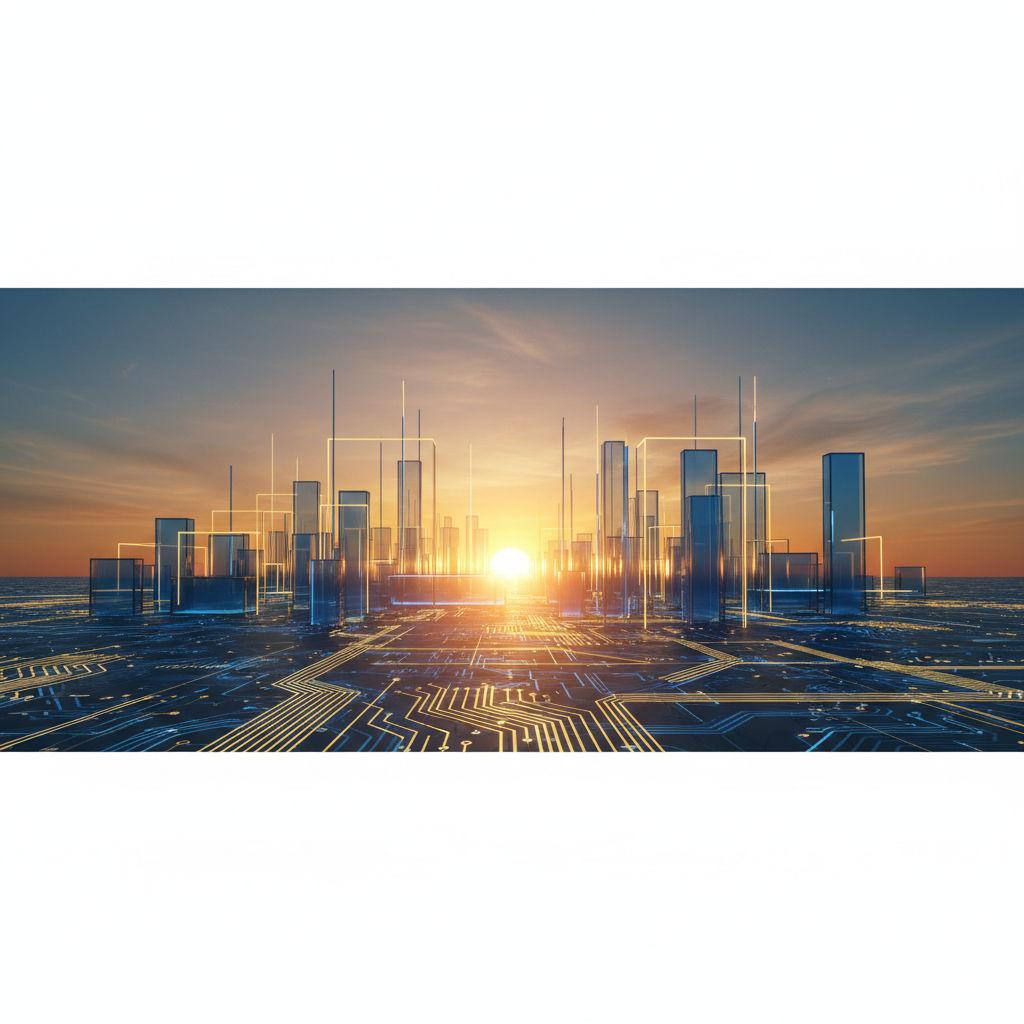 Sunrise over a sleek digital horizon, clean geometric lines, corporate blue and gold palette, uplifting and strategic