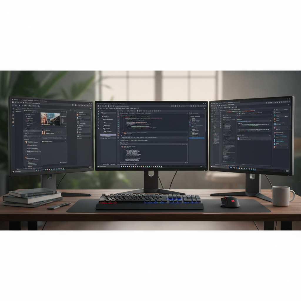software developer workspace with multiple monitors running visual studio