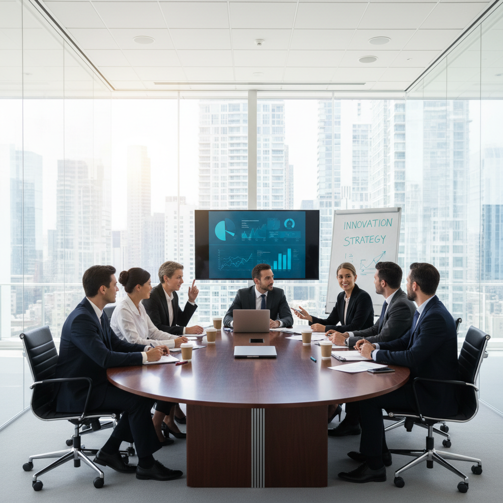 Diverse corporate team brainstorming in a glass walled meeting room, professional attire, optimistic atmosphere