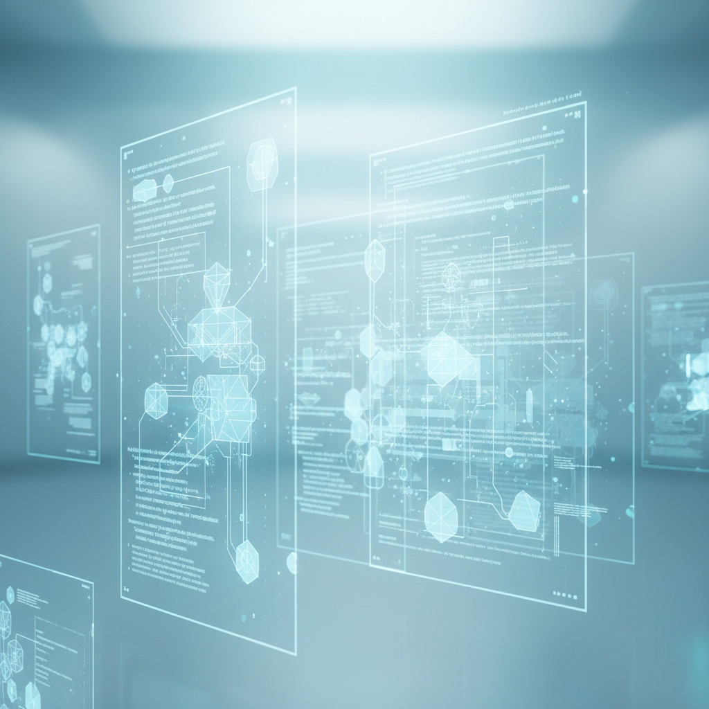 clean futuristic workspace interface, glowing blue holograms of organized geometric code structures, bright, positive, high-tech, cyan and white color scheme